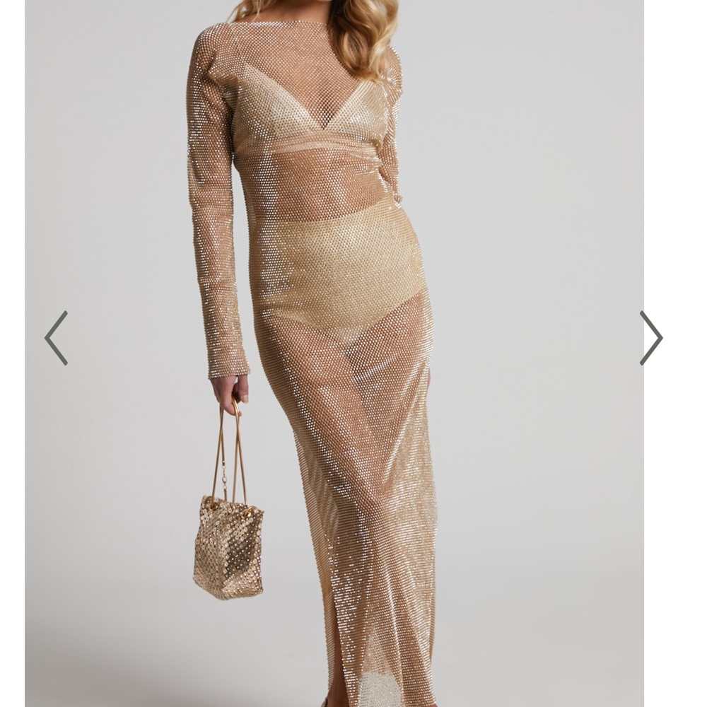COPY - KARMEN MIDI DRESS - LONG SLEEVE SPLIT DIAMANTE MESH DRESS IN GOLD